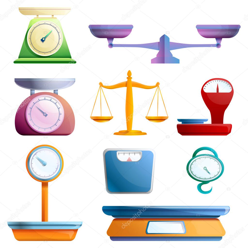 Weigh scales icons set, cartoon style