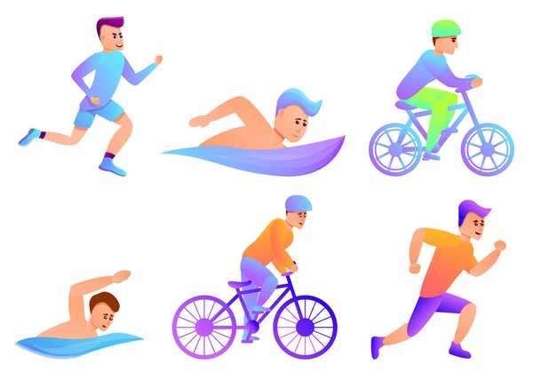 Triatlon ikonok szett, rajzfilm stílusú — Stock Vector