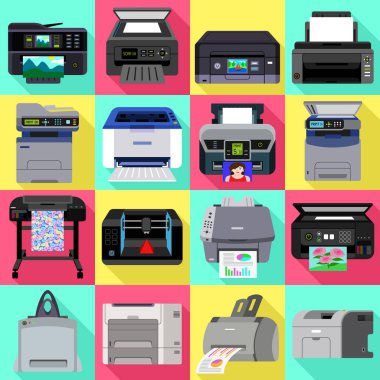Printer icons set, flat style clipart