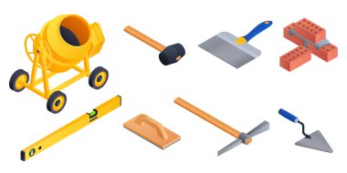 Masonry worker icons set, isometric style vector