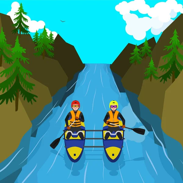 Montaña concepto de rafting fondo, estilo plano — Vector de stock