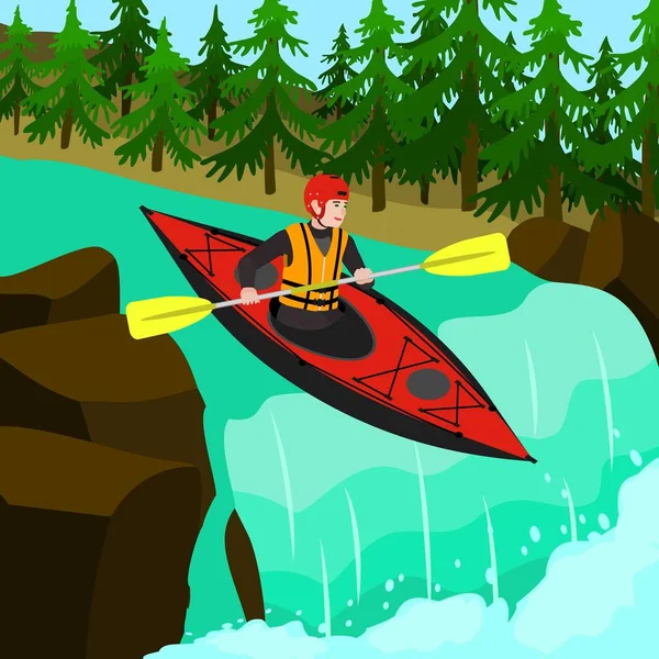 Hombre kayak rafting concepto fondo, estilo plano — Vector de stock