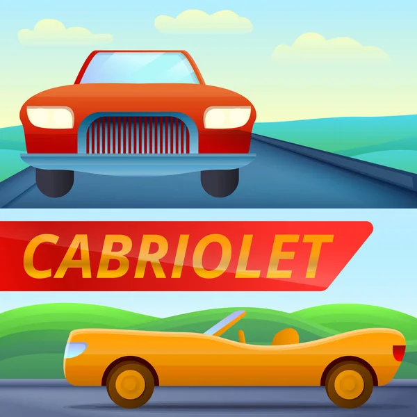 Cabriolet car banner set, cartoon style