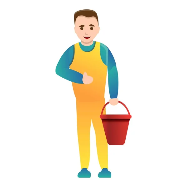 Homem mais limpo com ícone de balde vermelho, estilo cartoon — Vetor de Stock