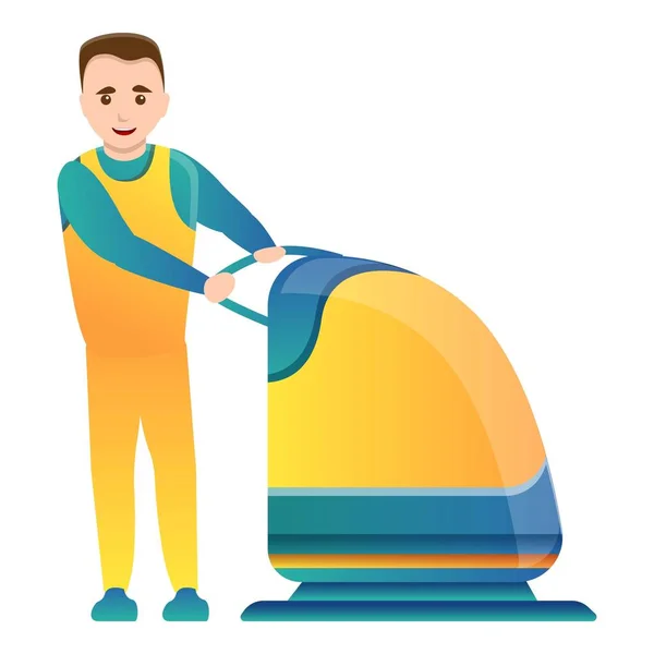 Homem use o ícone do dispositivo de limpeza do chão, estilo dos desenhos animados — Vetor de Stock