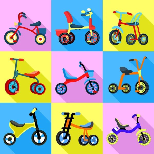 Conjunto de ícones triciclo, estilo plano — Vetor de Stock