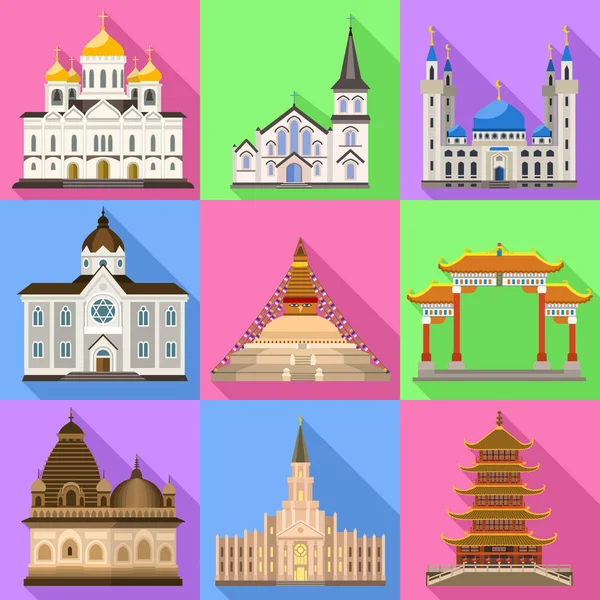 Conjunto de ícones do templo, estilo plano — Vetor de Stock
