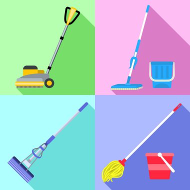 Mop icons set, flat style clipart
