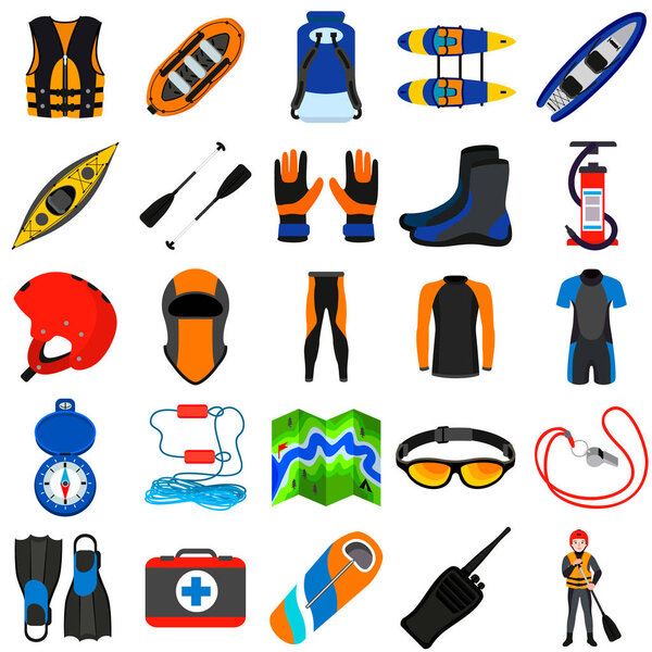 Rafting icons set, flat style