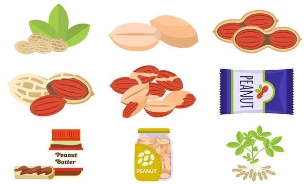 Conjunto de ícones de amendoim, estilo plano — Vetor de Stock