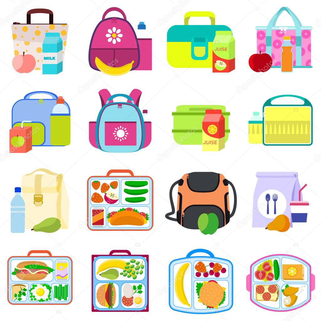Lunchbox icons set, flat style