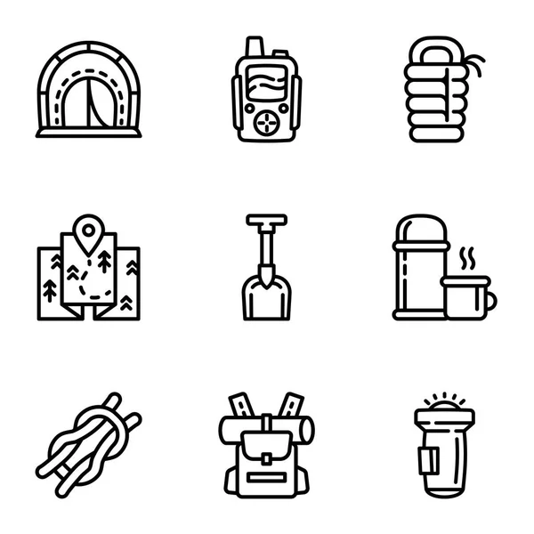 Camping equipment icon set, outline style — Stock Vector