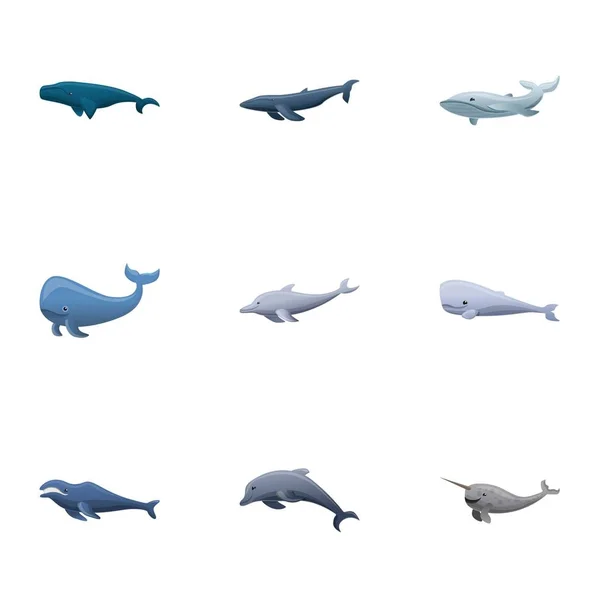 Conjunto de ícones de baleia, estilo cartoon — Vetor de Stock