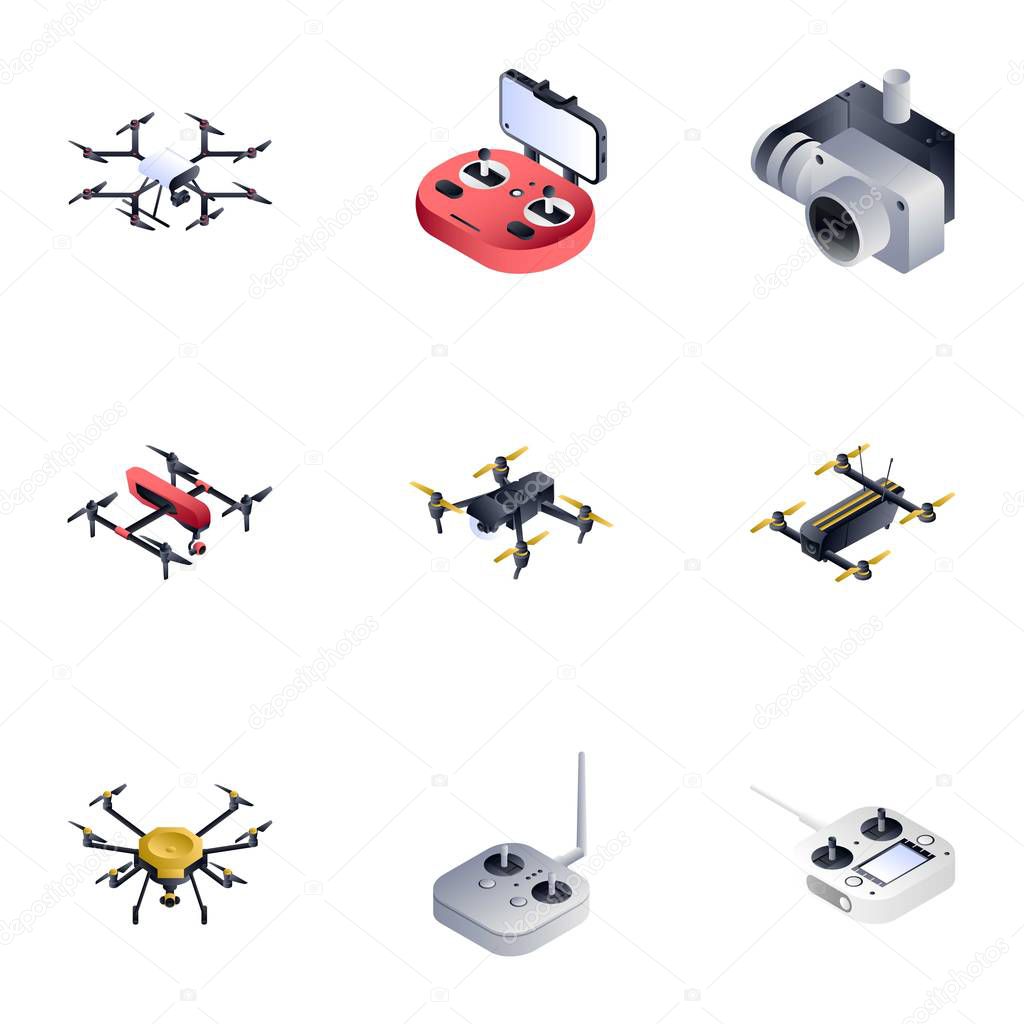 Drone icon set, isometric style