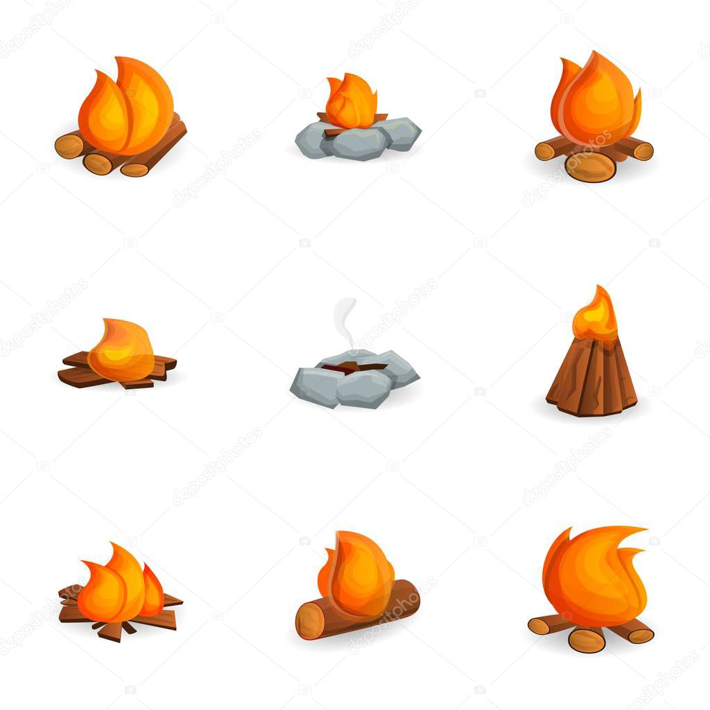 Campfire icon set, cartoon style