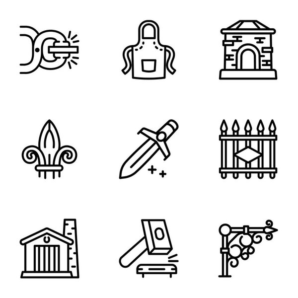 Blacksmith tools icon set, outline style