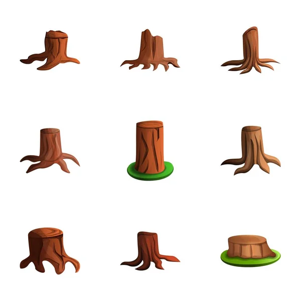 Ensemble d'icônes de souche d'arbre, style dessin animé — Image vectorielle