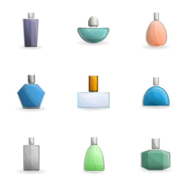 Conjunto de iconos de botella de perfume cosmético, estilo de dibujos animados — Vector de stock