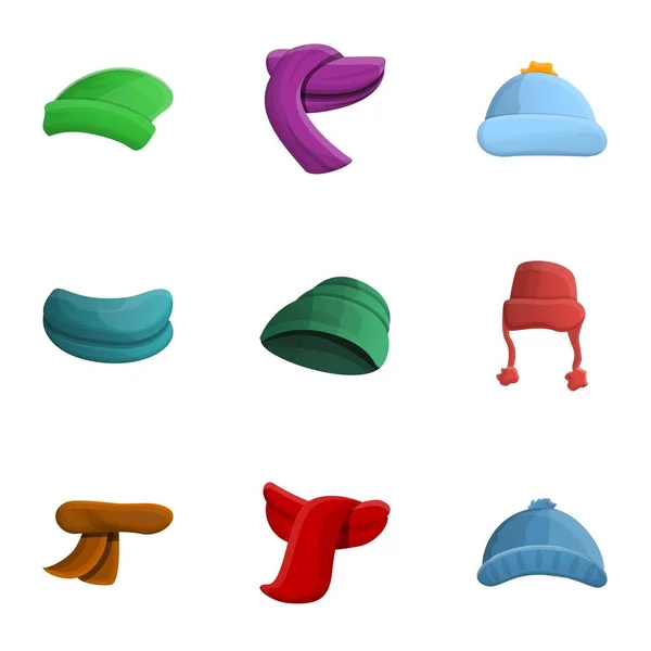 Conjunto de ícones de headwear de inverno, estilo dos desenhos animados — Vetor de Stock