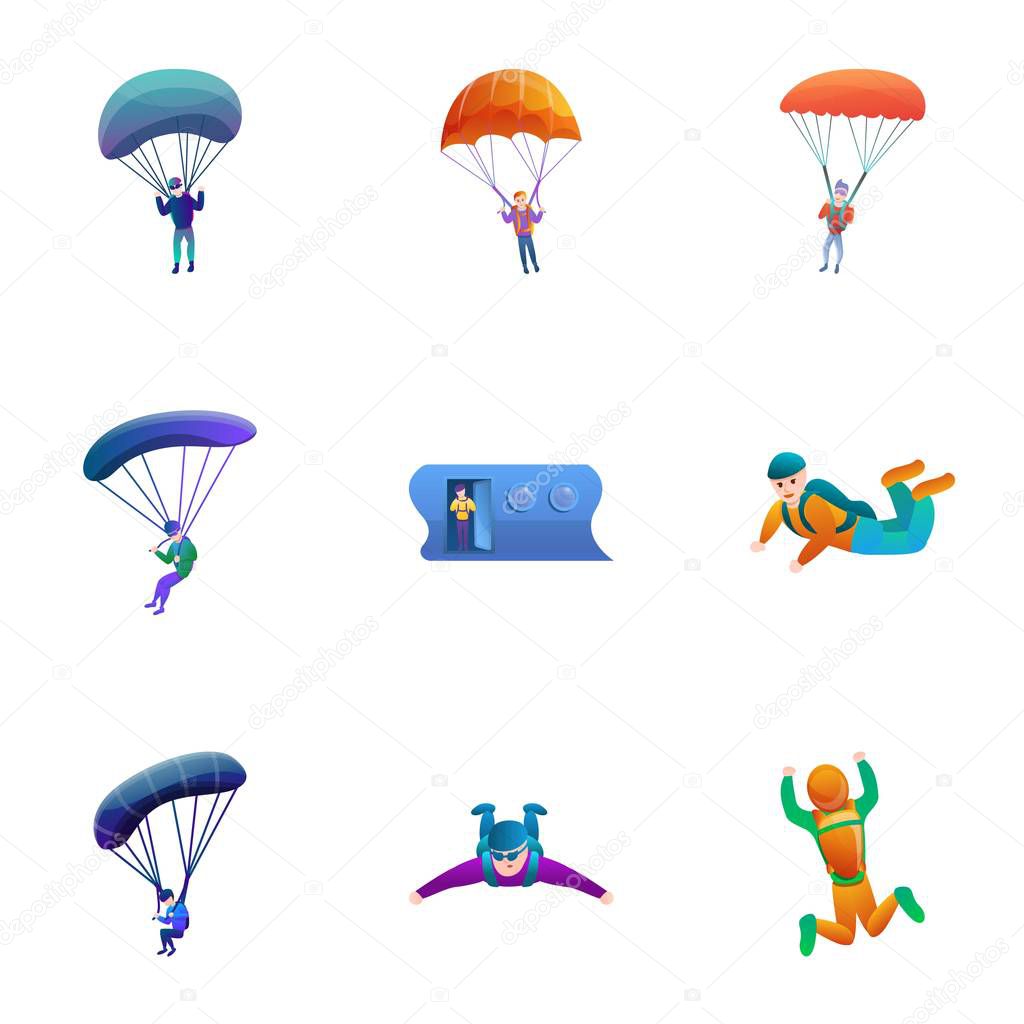 Skydivers icon set, cartoon style