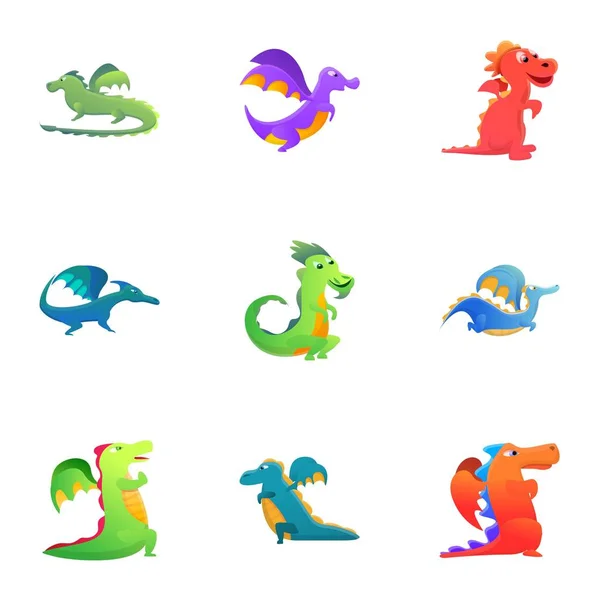 Ensemble d'icônes de dragons, style dessin animé — Image vectorielle