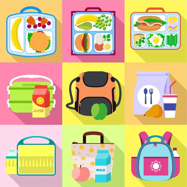 Conjunto de iconos de bolsa de almuerzo escolar, estilo plano — Archivo Imágenes Vectoriales