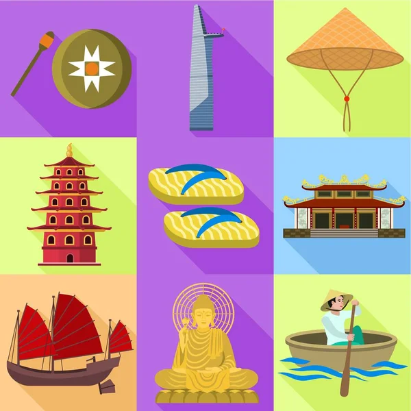 Set de iconos de Vietnam, estilo plano — Vector de stock