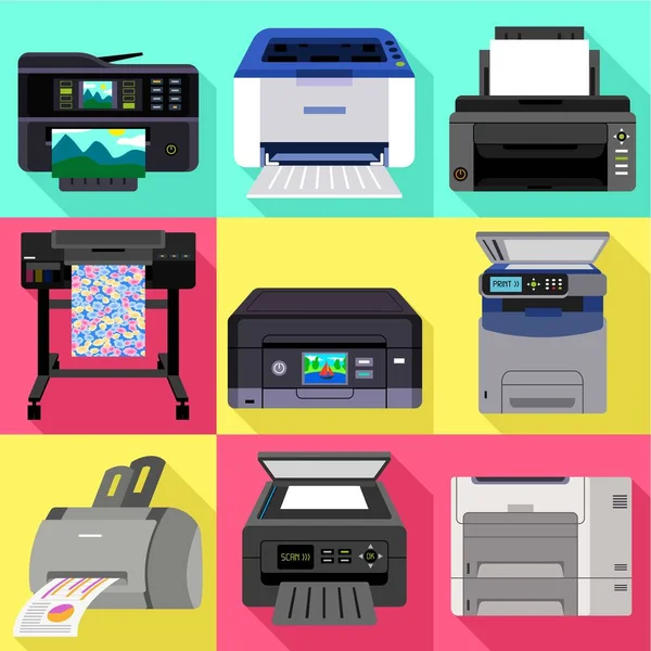 Ensemble d'icônes pour imprimante de bureau, style plat — Image vectorielle