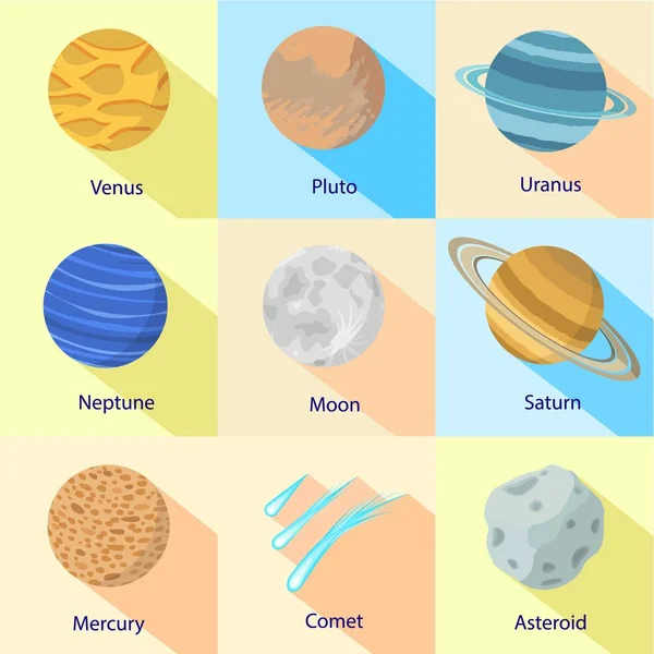 Espacio planeta icono conjunto, estilo plano — Vector de stock