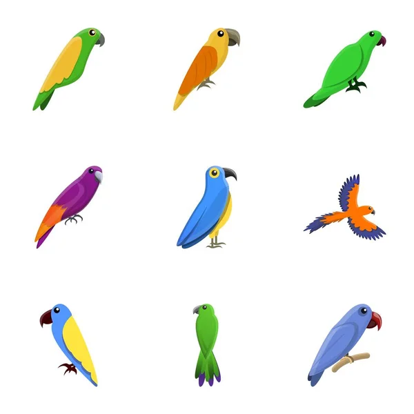 Kolorowy zestaw ikon papuga, styl kreskówki — Wektor stockowy