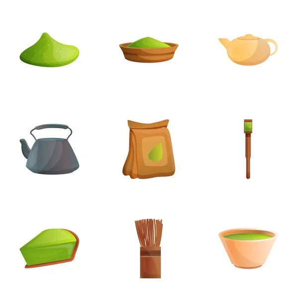 Juego de iconos de té matcha de Japón, estilo de dibujos animados — Vector de stock