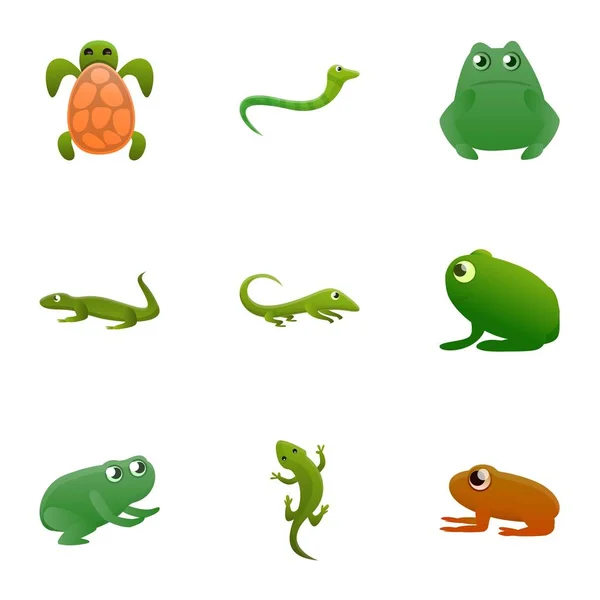 Conjunto de iconos de reptil verde, estilo de dibujos animados — Vector de stock