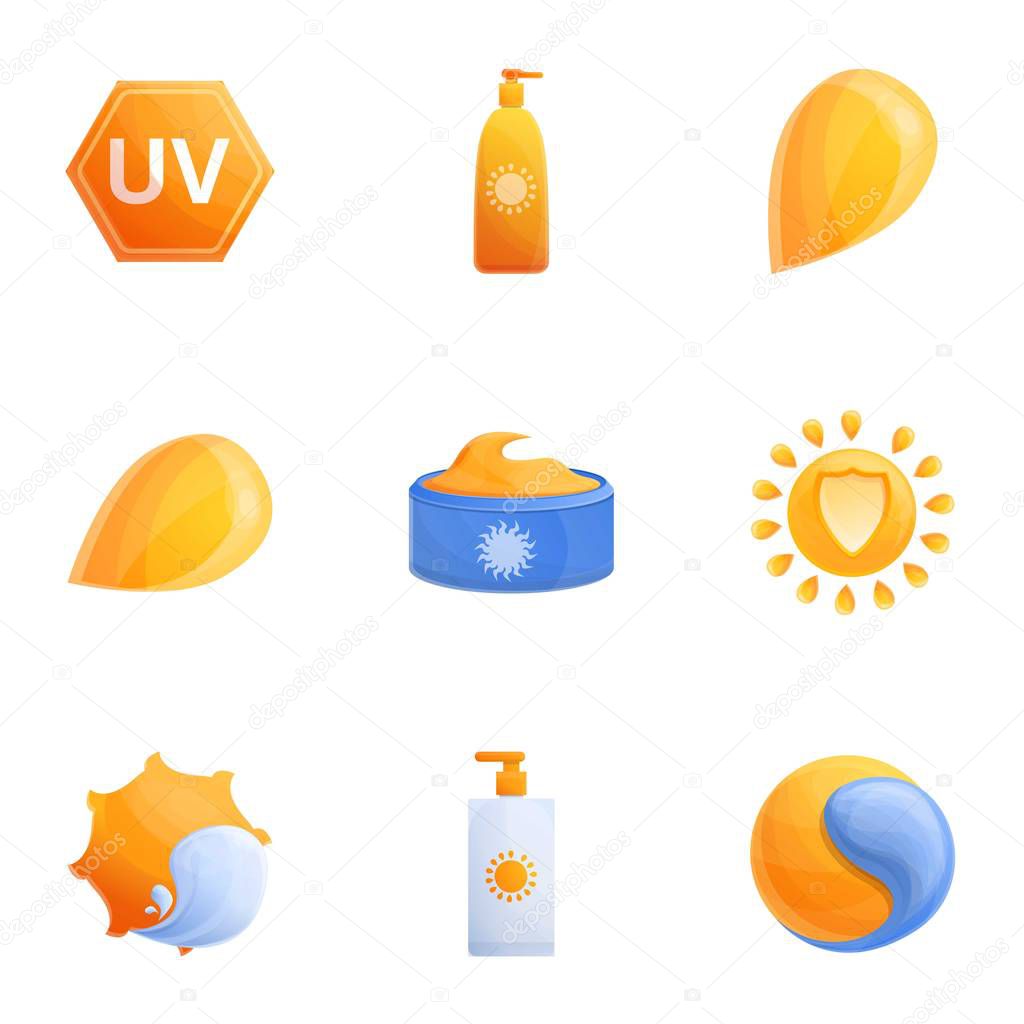 Sunscreen protection icon set. Cartoon set of 9 sunscreen protection vector icons for web design isolated on white background