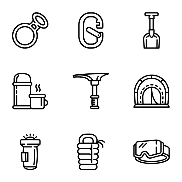 Set di icone per attrezzature escursionistiche, stile contorno — Vettoriale Stock