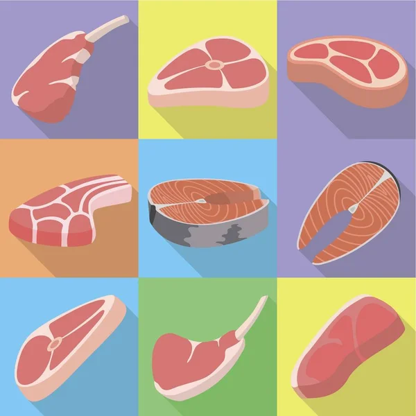 Conjunto de iconos de filete crudo, estilo plano — Vector de stock