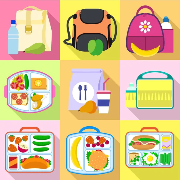 Lunchtime bag icon set, flacher Stil — Stockvektor