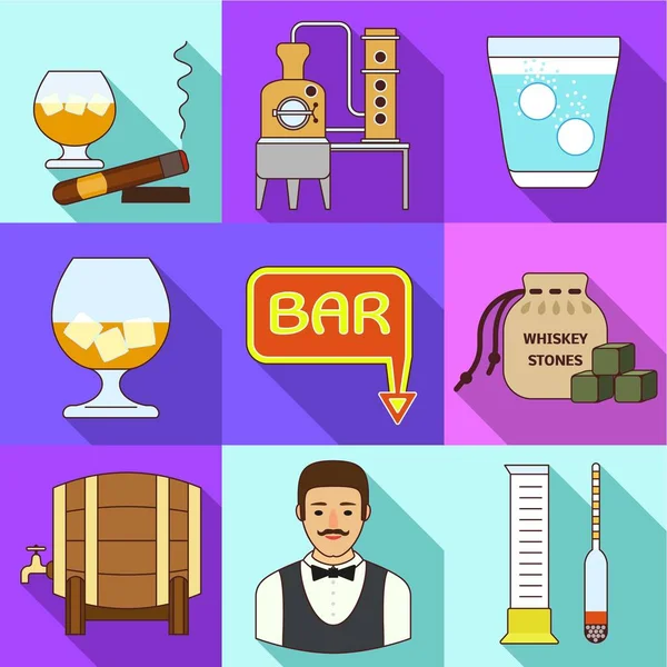 Whiskey production icon set, flat style — Stock Vector