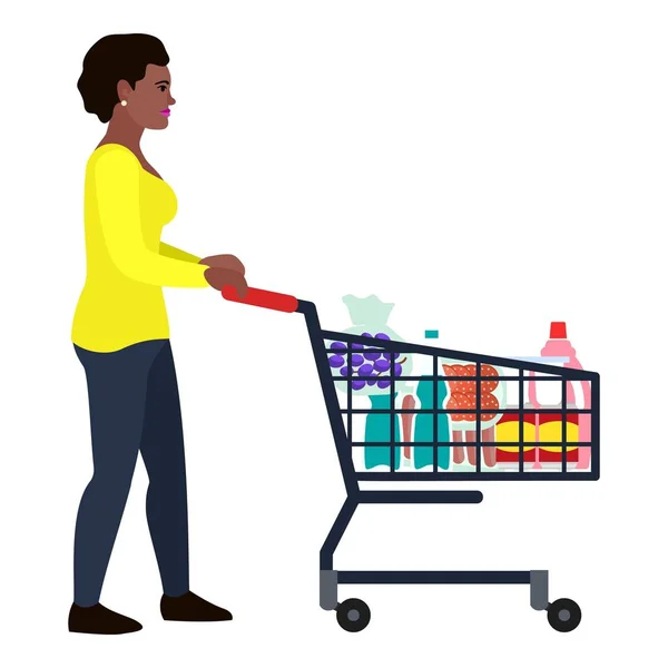Αφροαμερικάνικη γυναίκα καλάθι κατάστημα εικονίδιο, επίπεδη στυλ — Διανυσματικό Αρχείο