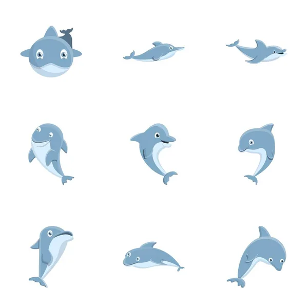 Набор икон морских дельфинов, стиль мультфильма — стоковый вектор