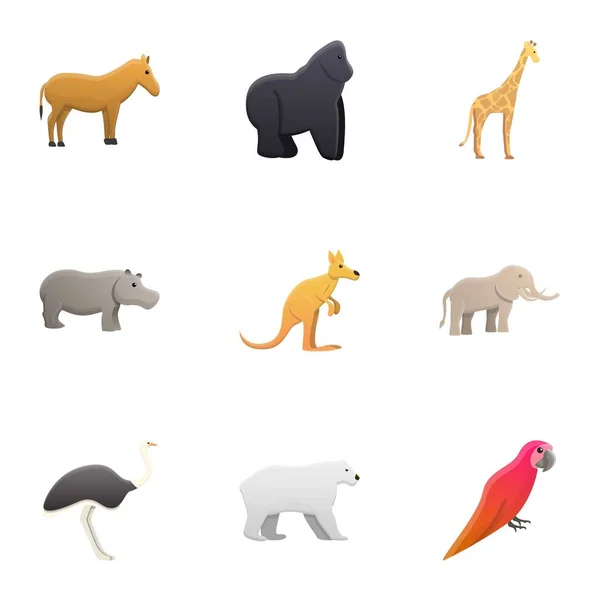 Екзотичний набір значків тварин зоопарку, мультиплікаційний стиль — стоковий вектор