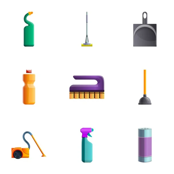 Zestaw ikon narzędzi do czyszczenia domu, styl kreskówki — Wektor stockowy