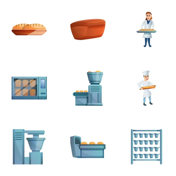 Set de iconos de producción de fábrica de panadería, estilo de dibujos animados — Vector de stock
