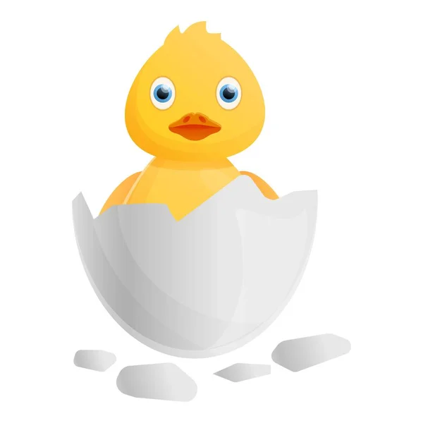 Pato amarillo del icono de la cáscara de huevo, estilo de dibujos animados — Vector de stock