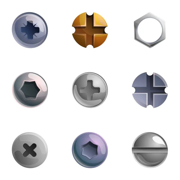 Set d'icône de tête de vis en métal, style dessin animé — Image vectorielle