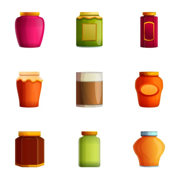 Ensemble d'icônes de pot de confiture de fruits, style dessin animé — Image vectorielle
