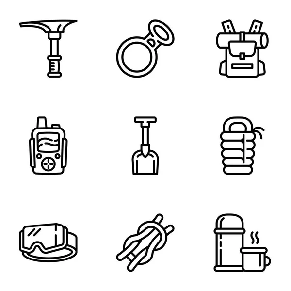 Conjunto de iconos de equipo de senderismo moderno, estilo de esquema — Vector de stock