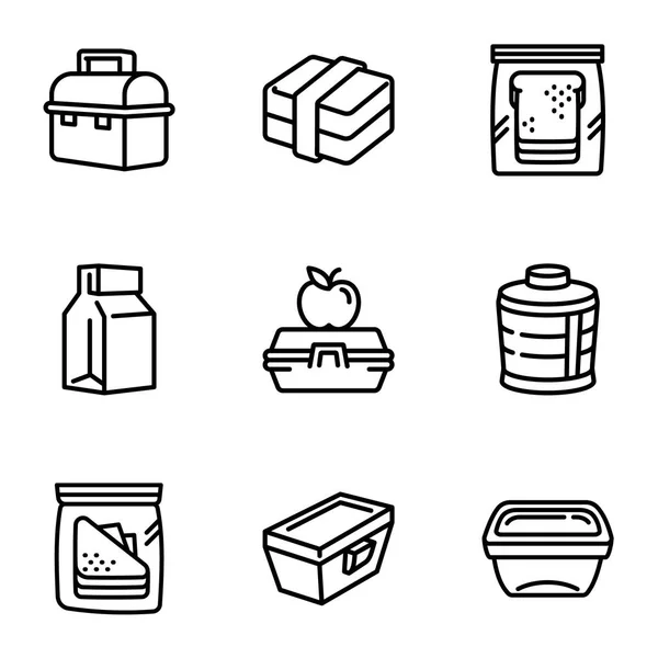 Conjunto de iconos de caja de almuerzo escolar, estilo de esquema — Vector de stock