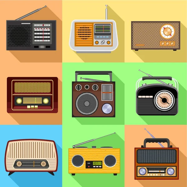 Ensemble d'icône radio rétro, style plat — Image vectorielle