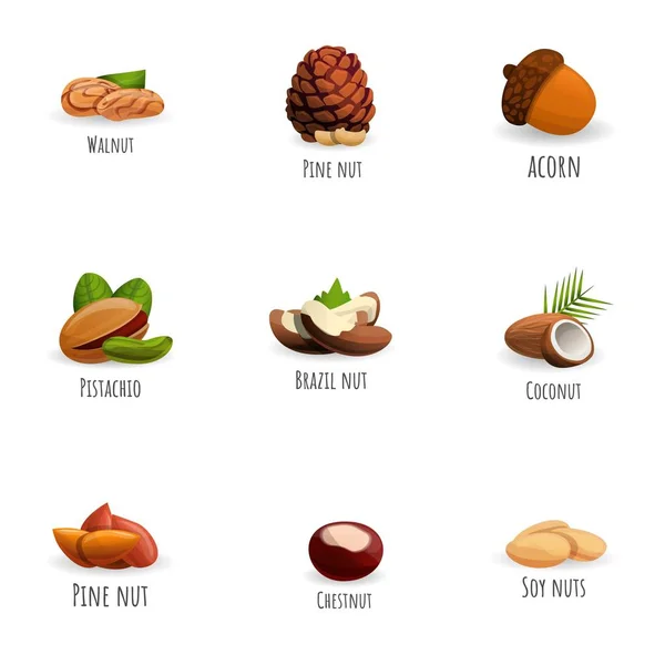 Conjunto de iconos de nueces frescas, estilo dibujos animados — Vector de stock