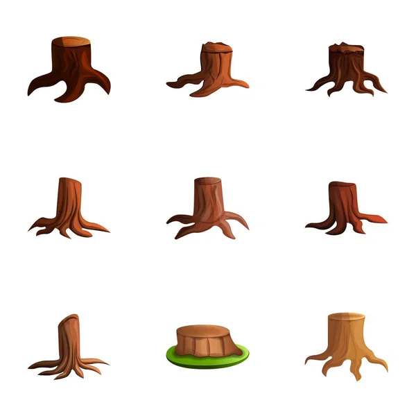 Ensemble d'icônes tronc d'arbre coupé, style dessin animé — Image vectorielle